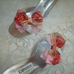 Coral And Pink Plaid Silk And Organza Double Bow..