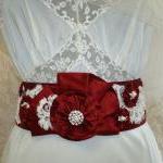 Red Bridal Sash - Beaded Sash, Vintage Ivory Lace,..