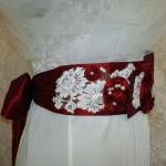 Red Bridal Sash - Beaded Sash, Vintage Ivory Lace,..