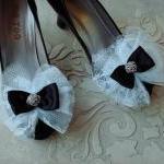 Glam Bow Shoe Clips Black White Wedding Satin..