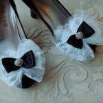 Glam Bow Shoe Clips Black White Wedding Satin..