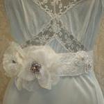 Ivory Floral Bridal Sash, Vintage Beaded Lace..