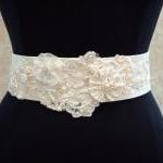 Beaded Bridal Belt Sash/ Vintage Ivory Lace,..