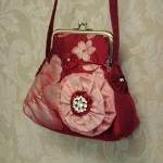 Quilted Silk Purse In Red And Pink Floral Painted..
