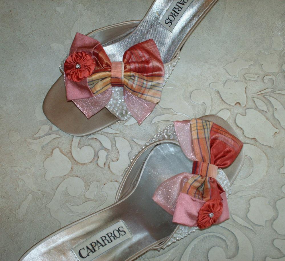 Coral And Pink Plaid Silk And Organza Double Bow Shoe Clips