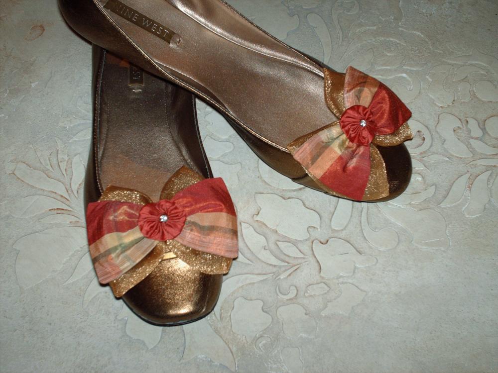 Dark Coral And Gold Plaid Silk And Organza Double Bow Shoe Clips