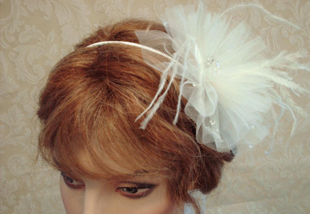 Coco Bridal Hair Accessory - Weddings, Ivory Headband, Bridal Fascinator, Bridesmaids, Lllusion Tulle, Ostrich Feathers