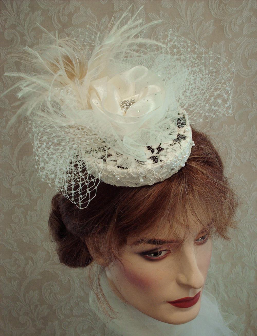 Ivory Bridal Hat Cocktail Hat Wedding Headpiece With Feathers Vintage Lace Pearls And Crystals