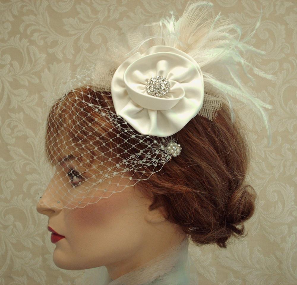 Flower Feather Fascinator, Wedding Satin Hair Clip, Birdcage Veil, Headpiece, Ivory, Edwardian Wedding, Retro Vintage, Carolina Moon Designs