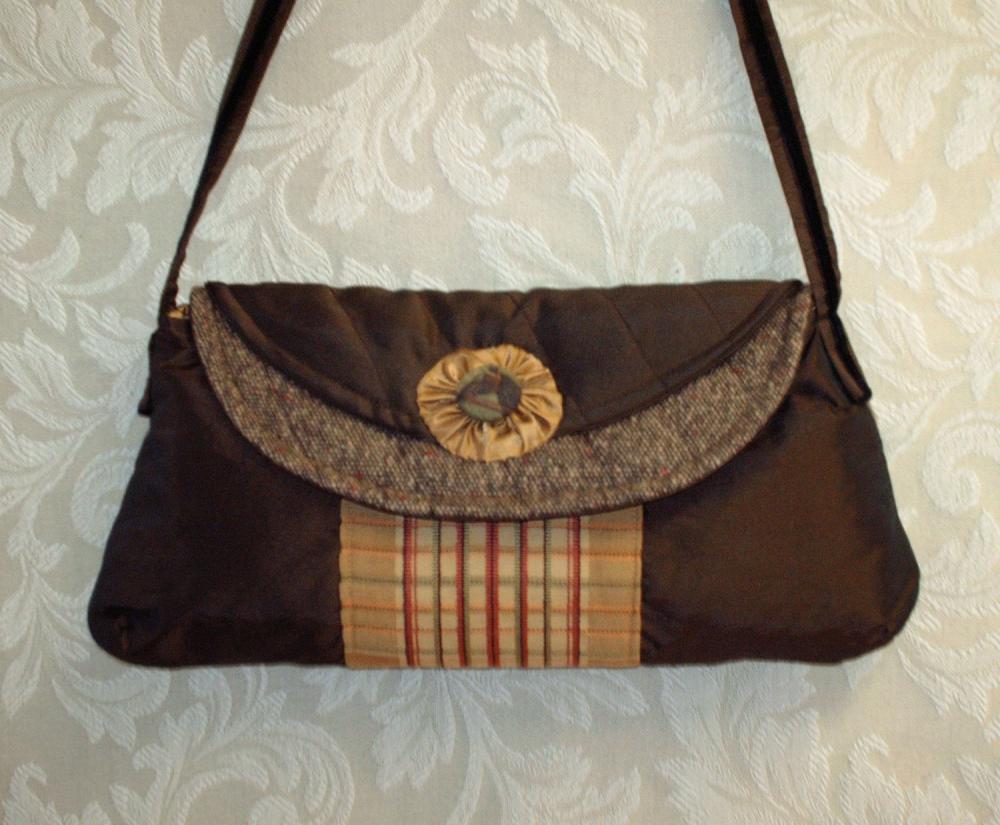 Brown And Gold Tweed And Taffeta Equestrian Clutch