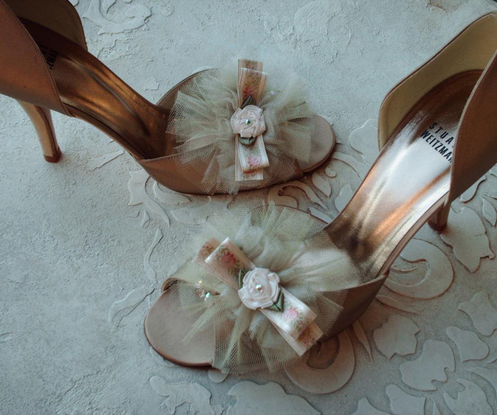 Bridal Shoe Clips - Wedding Shoe Clips - Glam Petit Tutu Gold Shimmer Tulle, Vintage Ribbon