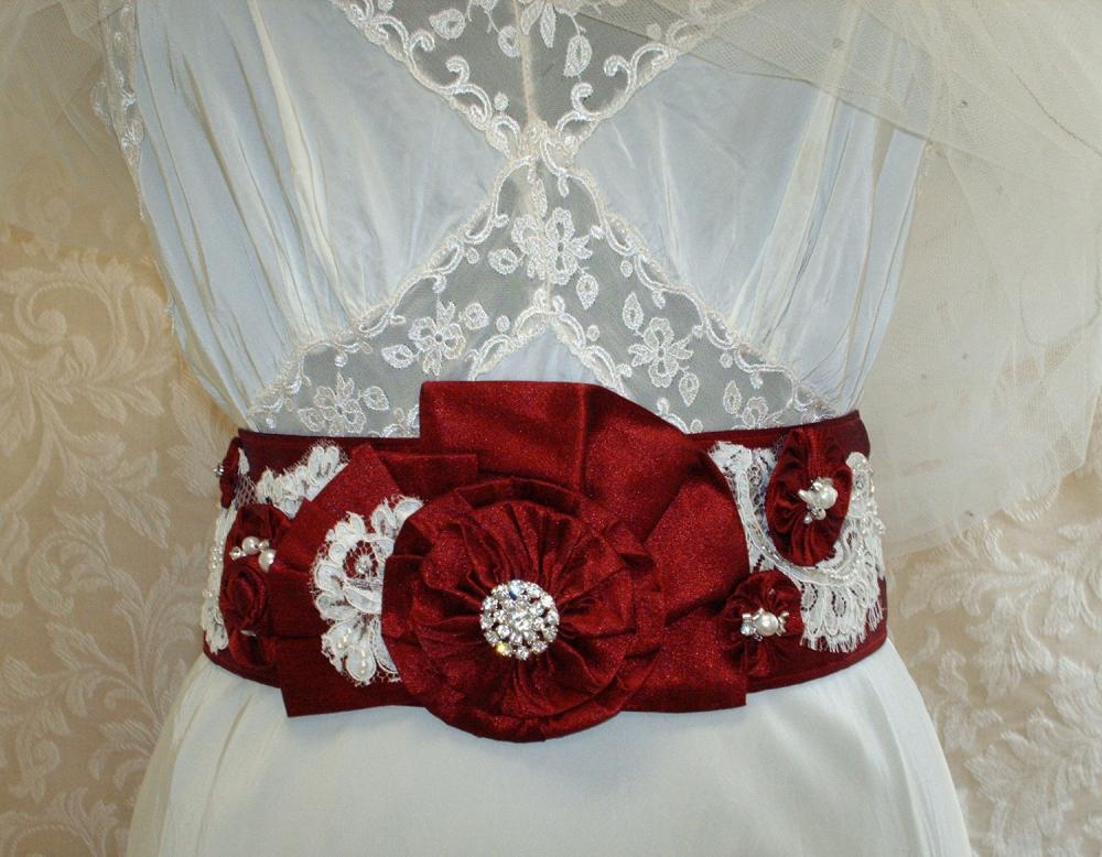 Red Bridal Sash - Beaded Sash, Vintage Ivory Lace, Pearls, Crystals, Rhinestone Sash