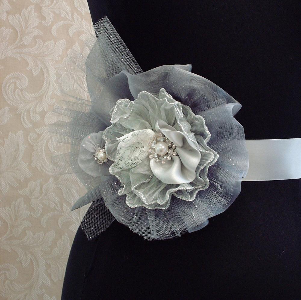 Silver Bridal Sash Tulle, Organza, Crystals, Pearls, Rhinestone Beaded
