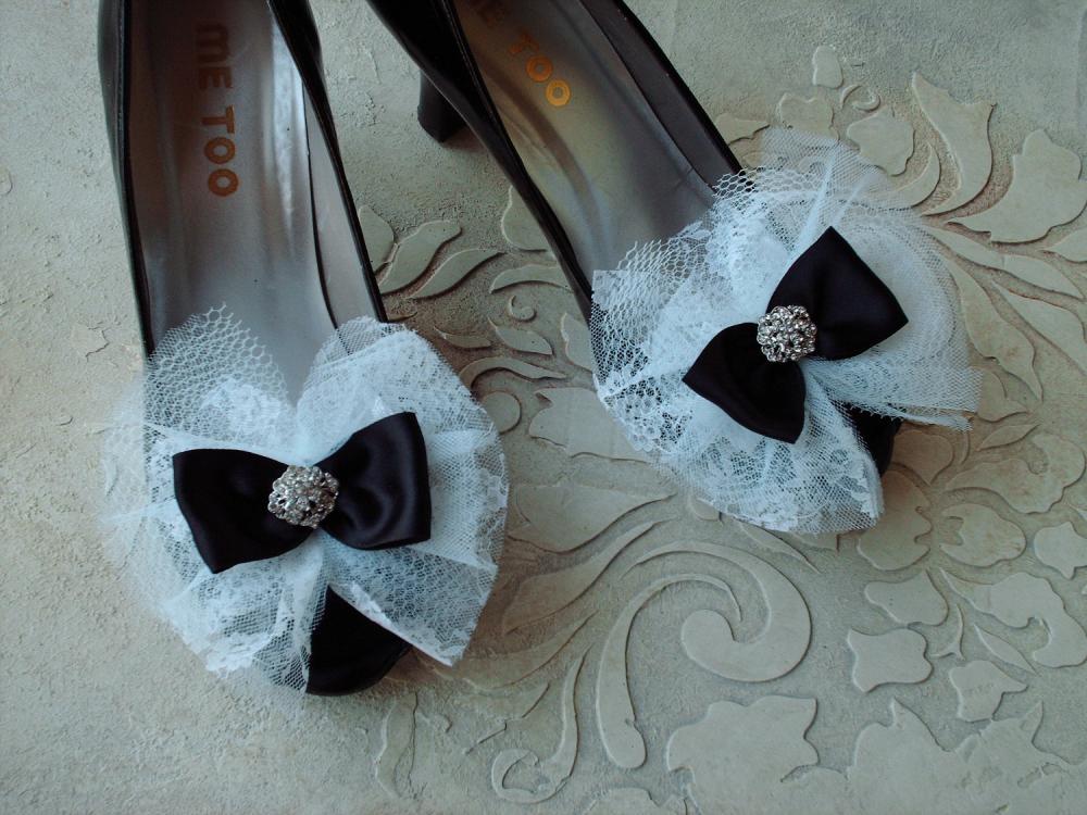 Glam Bow Shoe Clips Black White Wedding Satin Ribbon White Lace With Rhinestone Buttons