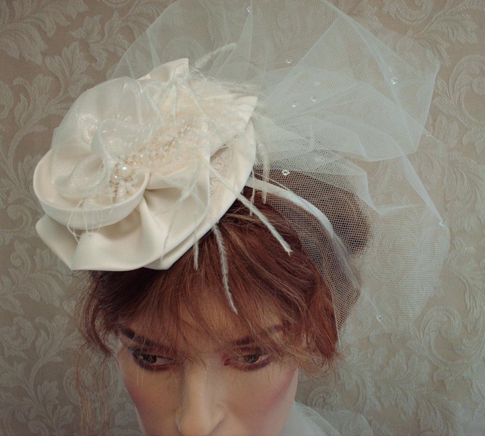 Ivory Bridal Floral And Lace Cocktail Hat / Fascinator With Teardrop Tulle Birdcage Veil