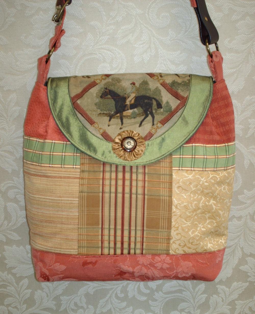 Equestrian Satchel Style Handbag / Coral Gold And Brown With Quilting