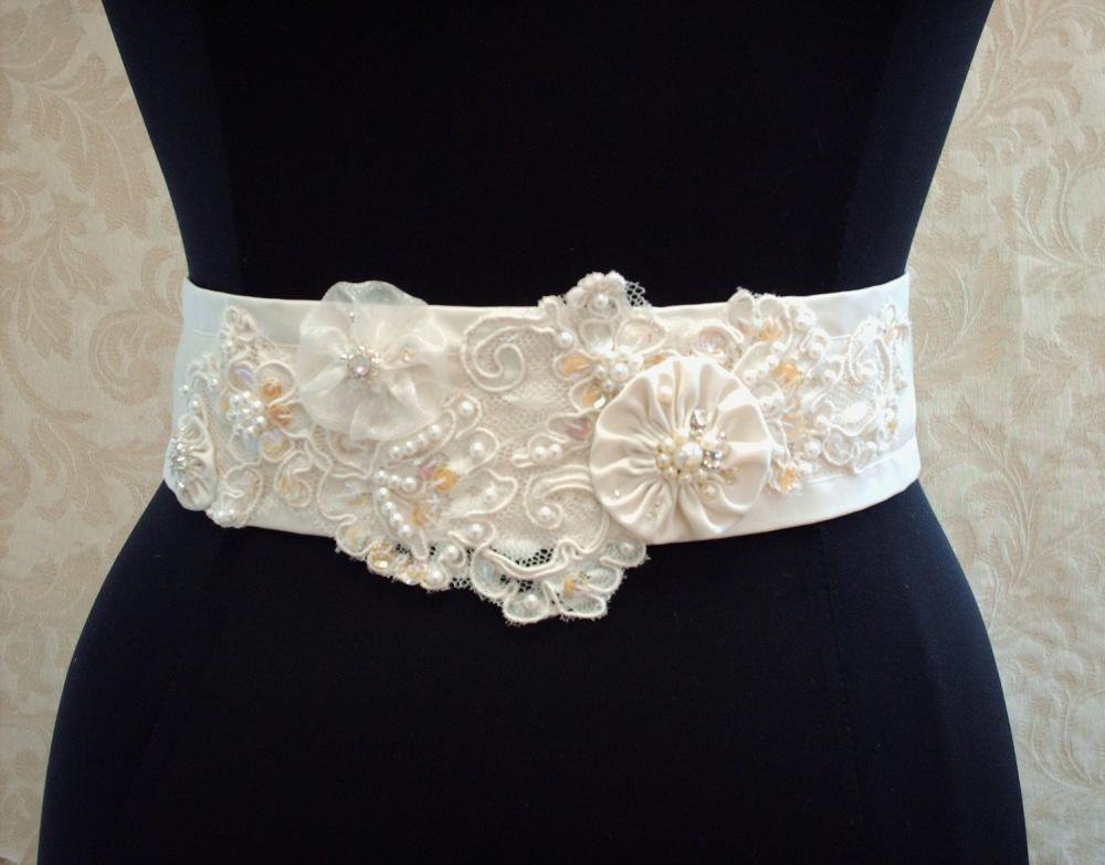 Beaded Wedding Sash Belt / Vintage Ivory Lace, Satin, Organza, Illusion Tulle, Bridal Sash