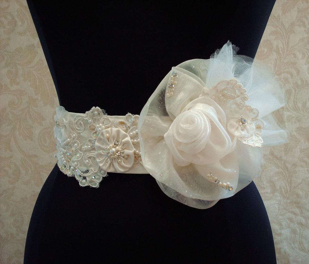 Beaded Bridal Belt Sash/ Vintage Ivory Lace, Satin, Organza, Illusion Tulle, Weddings