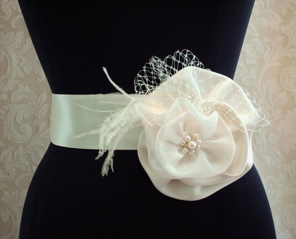 Feather Bridal Sash, Floral Wedding Belt Sash, Ivory Satin Bridal Sash, Feathers, Crystals, Rhinestones, Pearls, Russian Netting