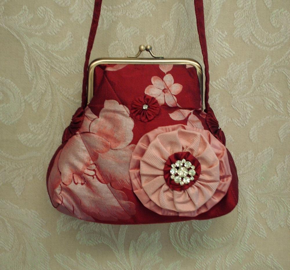 Quilted Silk Purse In Red And Pink Floral Painted Silk With Rosette Brooch For Wedding Special Occasion Or Evening Out