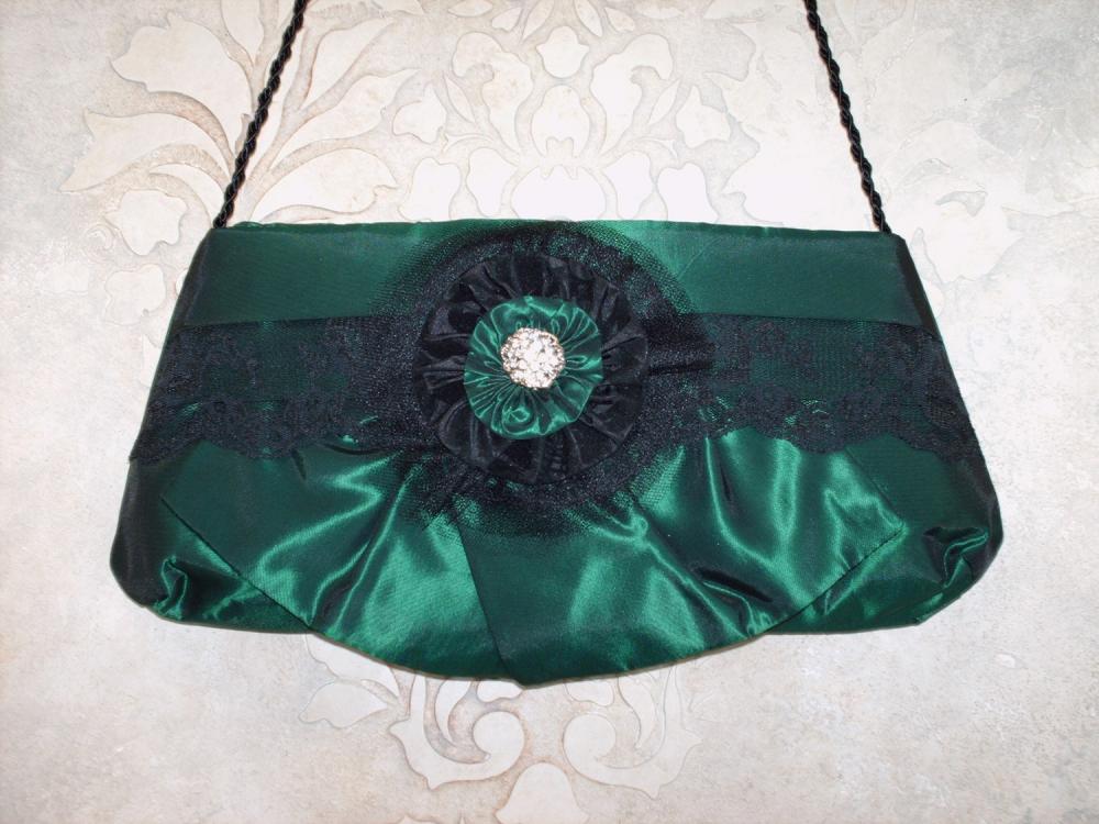 Sample Emerald Green Taffeta And Black Lace Evening Clutch