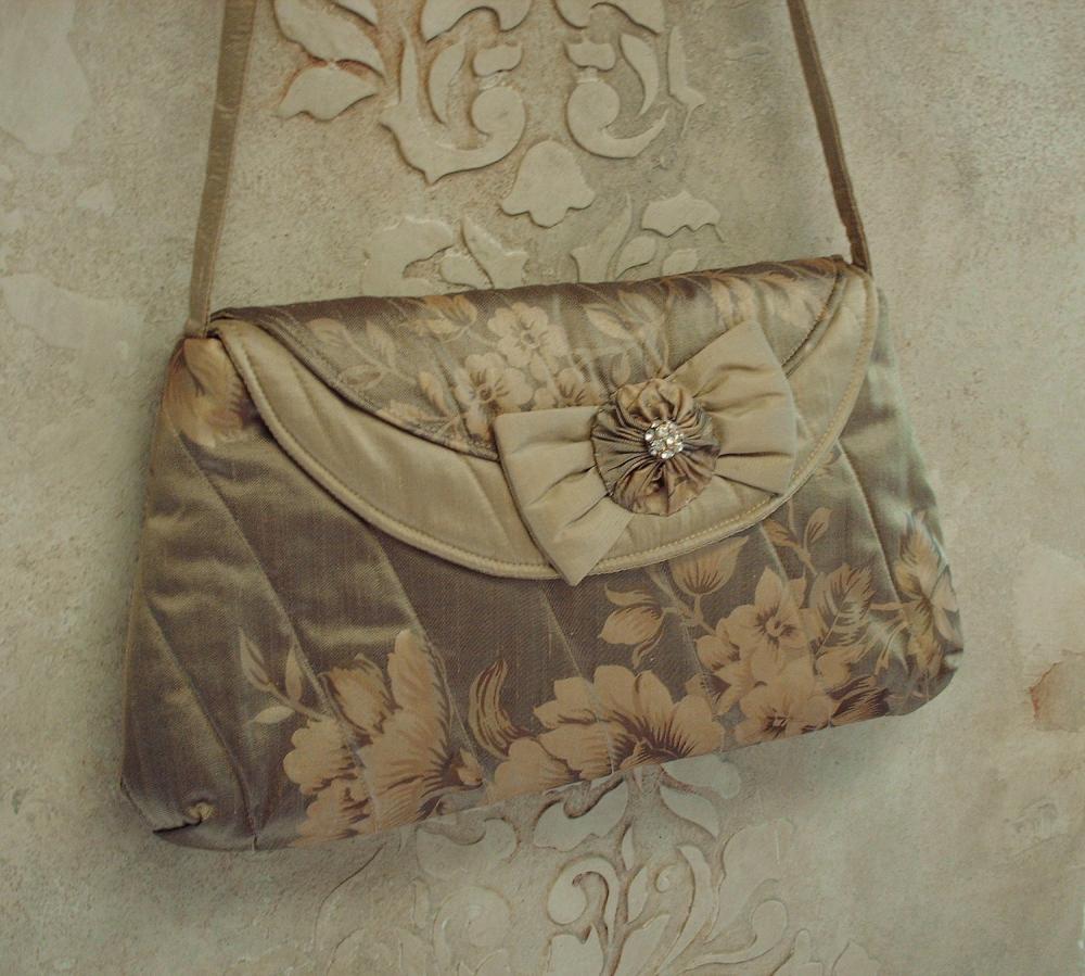 Couture Silk Clutch For Wedding Or Evening Out / Gold And Tan Painted Silk