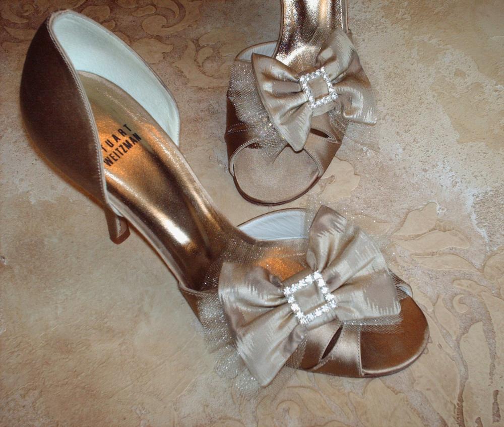 Double Bow Shoe Clips For Wedding Or Special Occassion / Rhinestone Buckle Golden Silk And Tulle