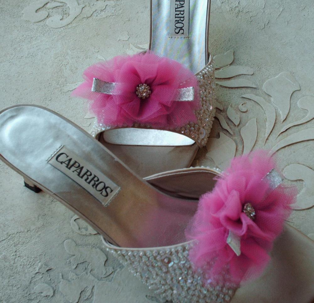 Glam Shoe Clips Bright Pink Tulle, Silver Bow And Rhinestones, Weddings, Bridal Shoe Clips