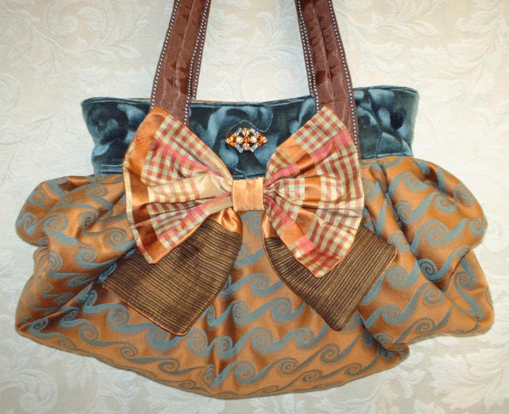 Boho Carpet Bag With Silk Bow And Vintage Brooch / Midnight Blue Autumn Gold And Rose