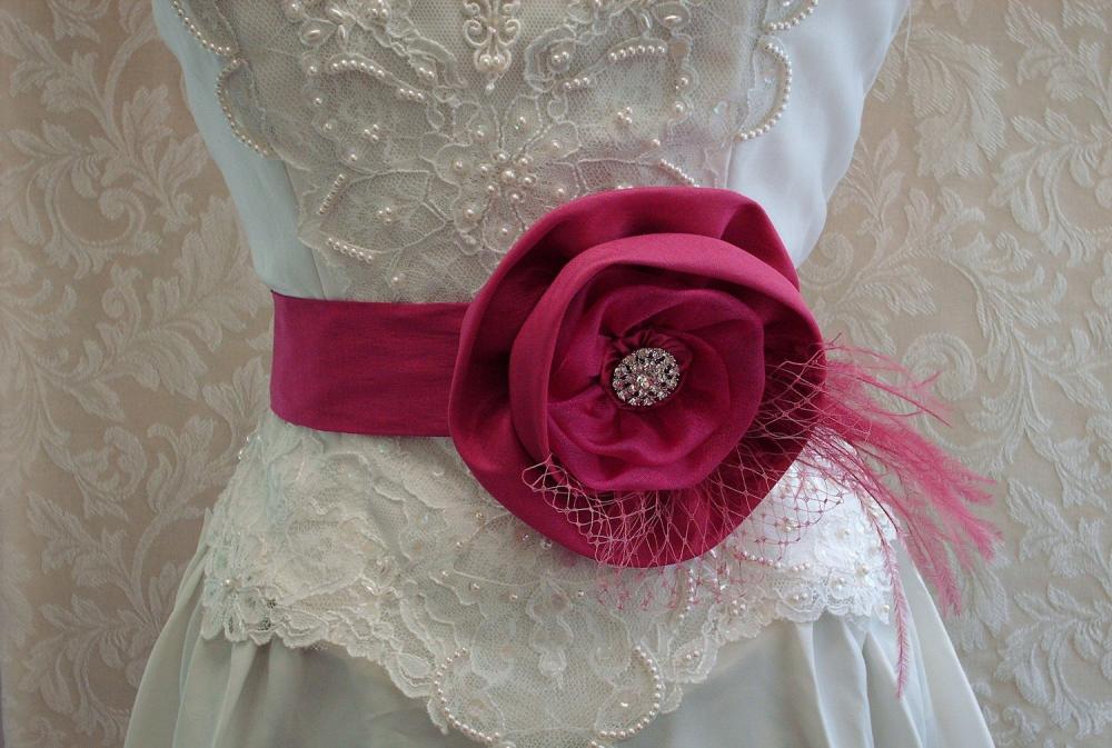 Floral Bridal Sash Belt / Bright Pink Fuchsia, Hand Dyed Ostrich Feathers, Bridcage Netting, Bridal Accessories
