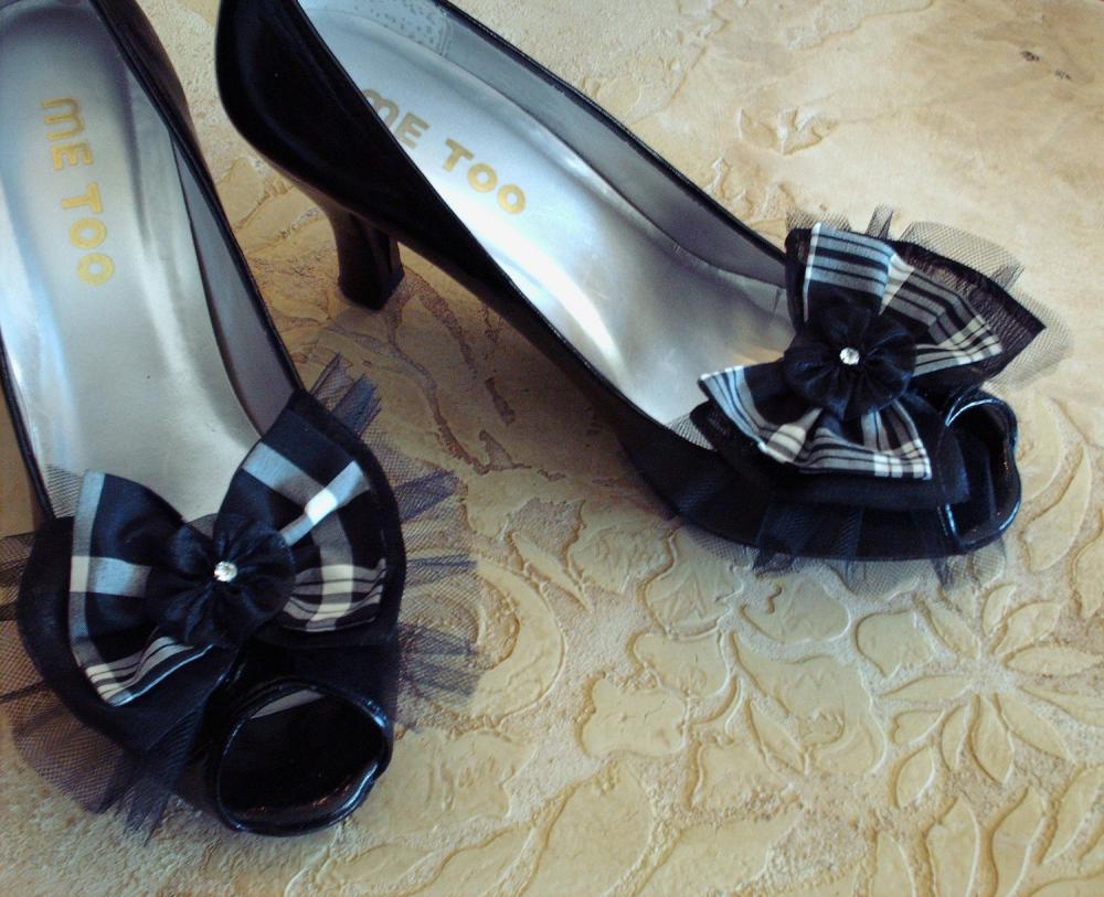 Black And White Plaid Silk Organza And Tulle Double Bow Shoe Clips