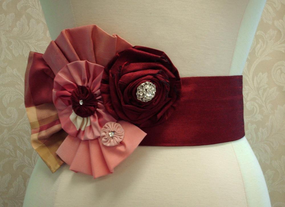 Glam Bridal Belt Handcrafted In Dark Red Taffeta Pink And Gold Silk For Autumn Or Winter Wedding Or Reception