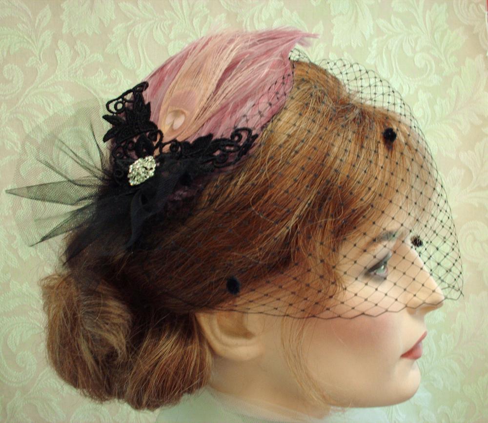 Diva Feather Fascinator With Black Chenille Dot Bandeau Style Birdcage Veil