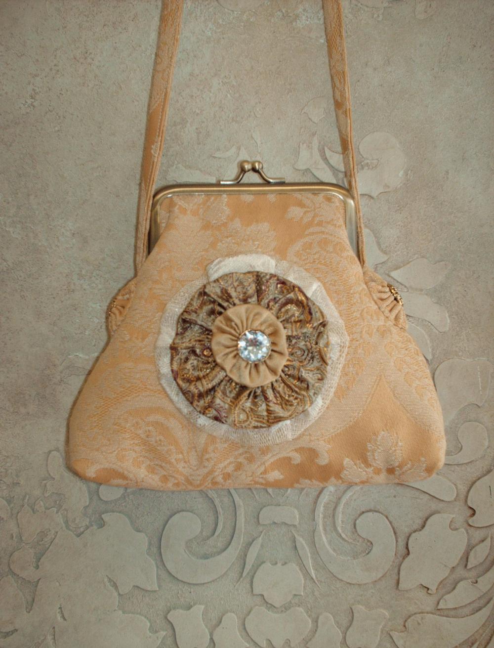 Gold Damask Tidbits Purse With Removable Handcrafted Brooch For Wedding Special Occasion Or Evening Out