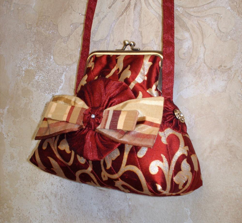 Silk Purse In Dark Red And Gold Painted Silk / With Rosette Bow Brooch For Wedding Or Special Occasion