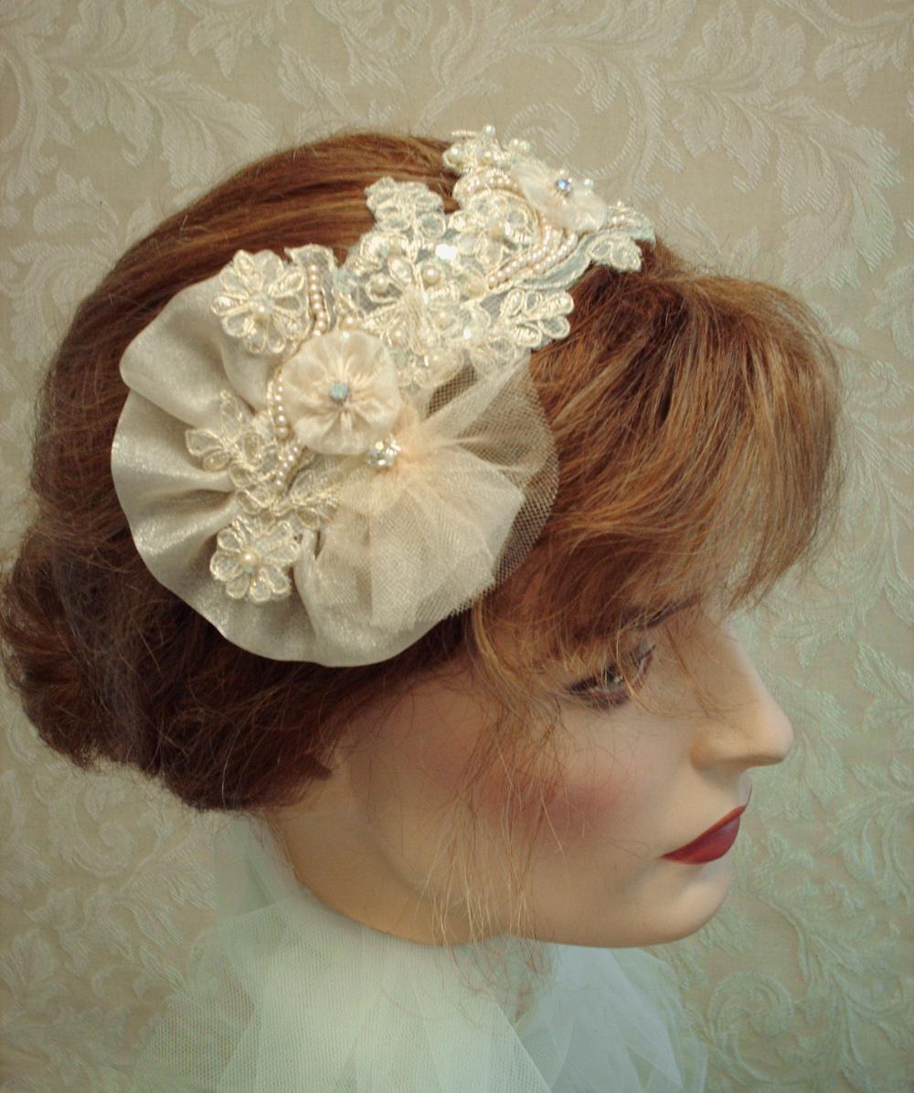 Champagne Birdcage Veil Ad Fascinator Set / Wedding Headpiece With