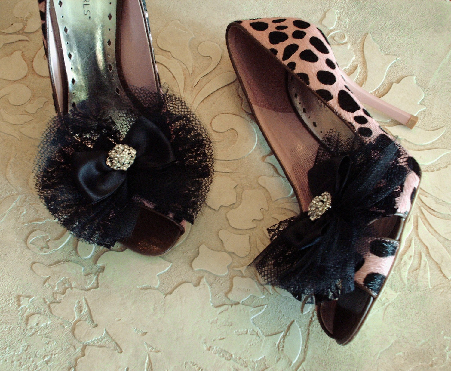Glam Black Bow Shoe Clips / Lace Tulle And Satin Ribbon Bow Hair Clips