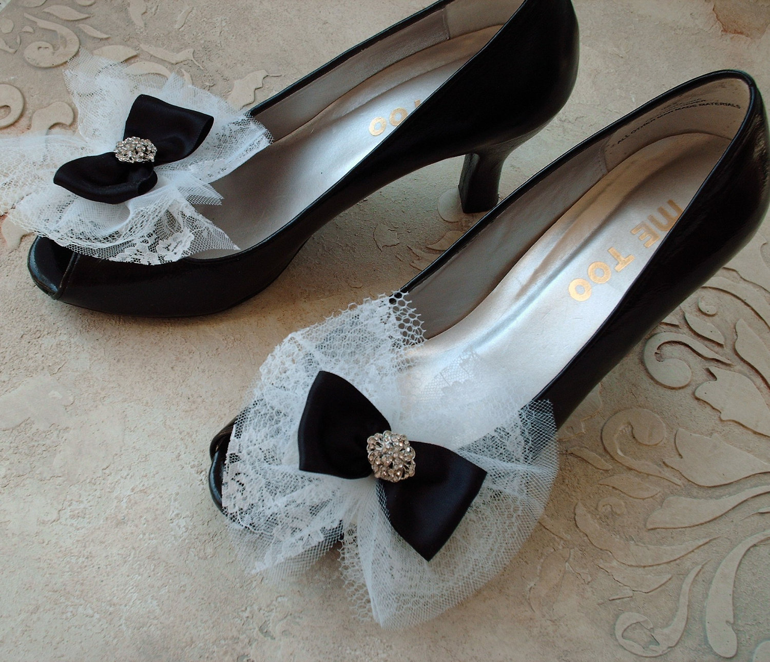 Glam Black Bow Shoe Clips / Lace Tulle And Satin Ribbon Bow Hair Clips